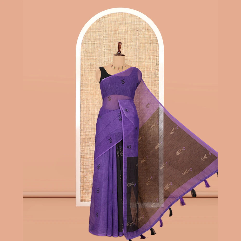 Pothys Borderless Purple Linen Cotton Saree with Leaf Print, a Contrast Leaf-Printed Pallu, and Contrast Blouse